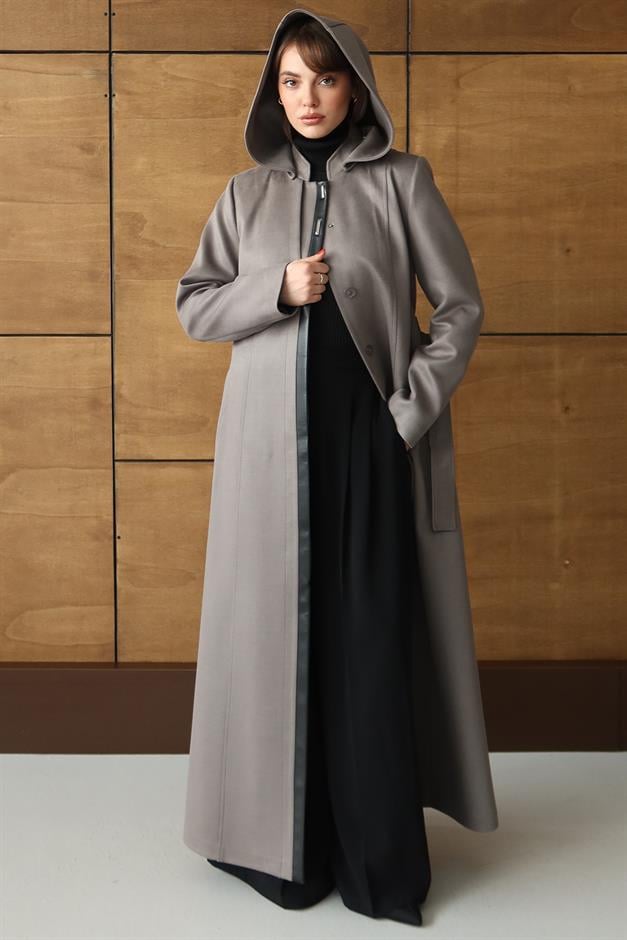 Çıkabilir Kapüşonlu Deri Garnili Gabardin Süet Görünümlü Pardesü GRİ 6806