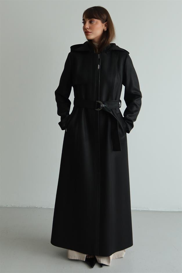 Çıkabilir Kapüşonlu Deri Garnili Gabardin Süet Görünümlü Pardesü SİYAH 6806