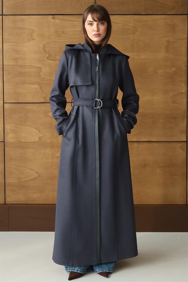 Çıkabilir Kapüşonlu Deri Garnili Gabardin Süet Görünümlü Pardesü LACİVERT 6806