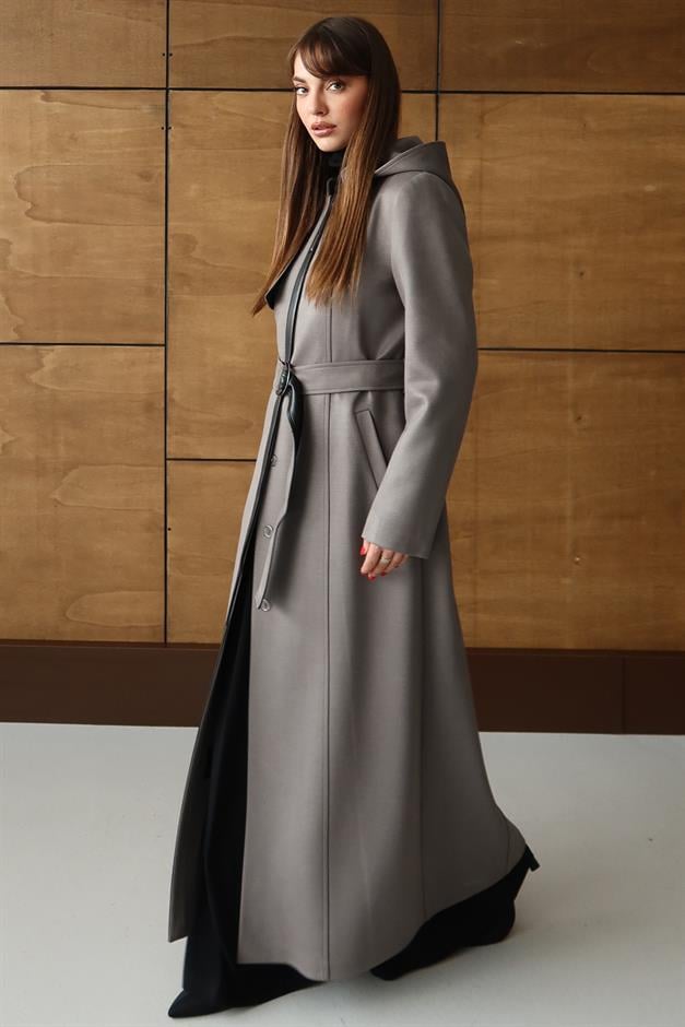 Çıkabilir Kapüşonlu Deri Garnili Gabardin Süet Görünümlü Pardesü GRİ 6806