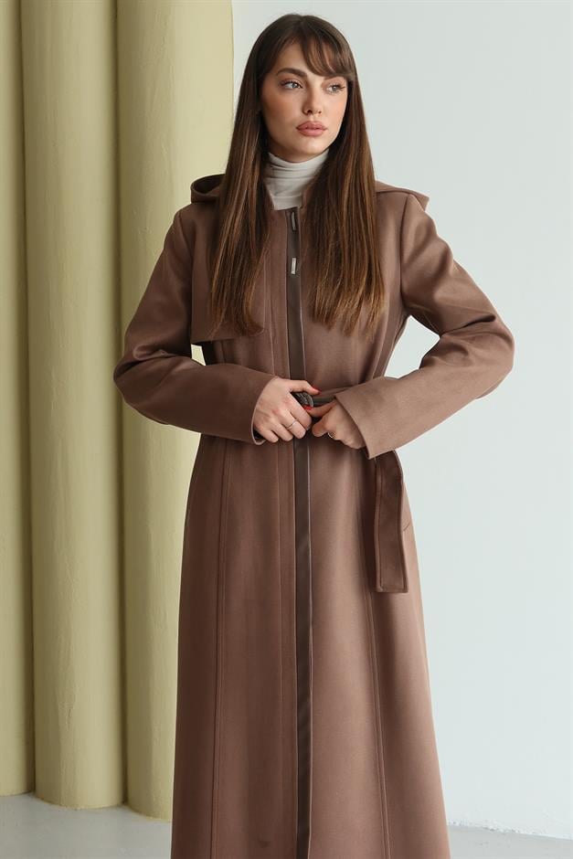 Çıkabilir Kapüşonlu Deri Garnili Gabardin Süet Görünümlü Pardesü A.KAHVE 6806