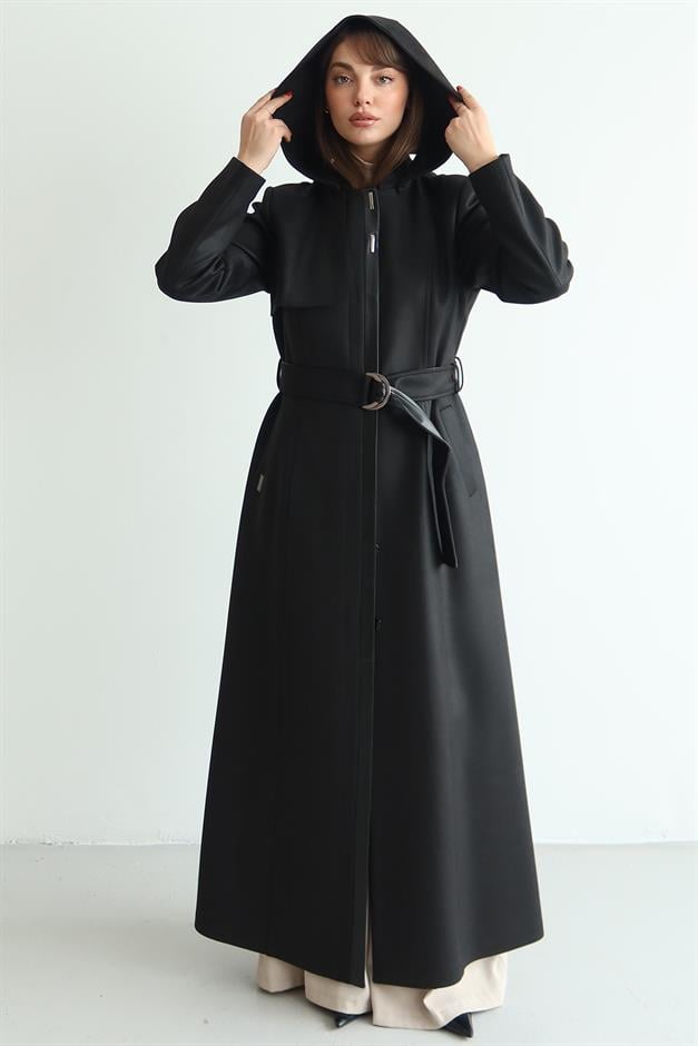 Çıkabilir Kapüşonlu Deri Garnili Gabardin Süet Görünümlü Pardesü SİYAH 6806