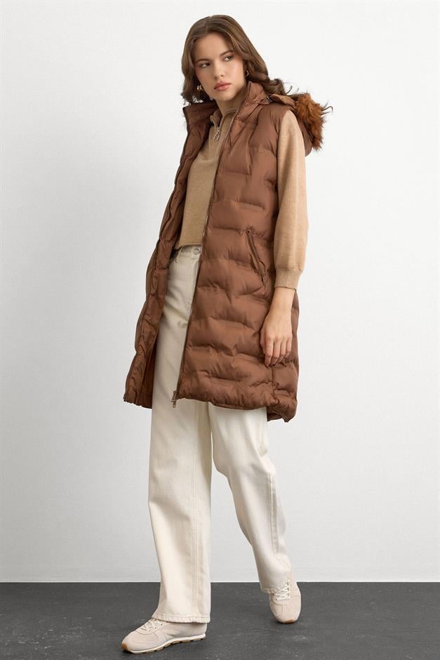 Patterned Puffer Vest with Removable Hood CAMEL 8210