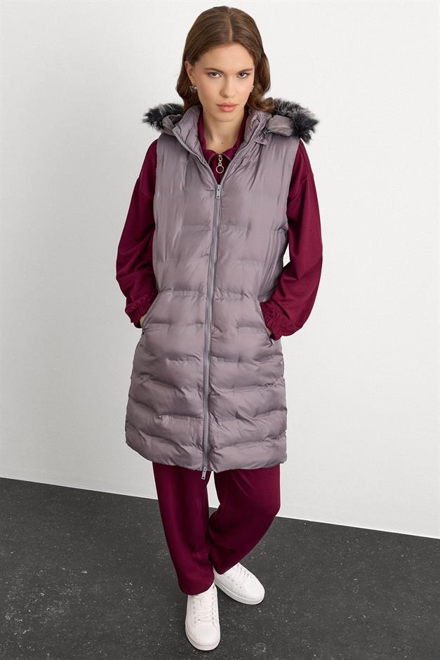 Patterned Puffer Vest with Removable Hood GREY 8210