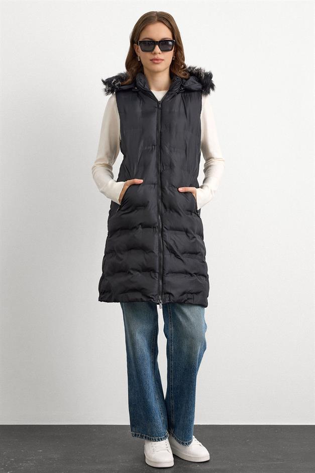 Patterned Puffer Vest with Removable Hood BLACK 8210
