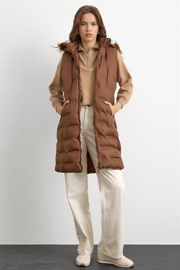 Patterned Puffer Vest with Removable Hood CAMEL 8210
