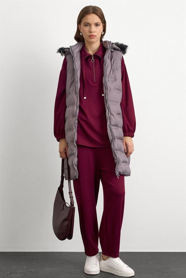 Patterned Puffer Vest with Removable Hood GREY 8210