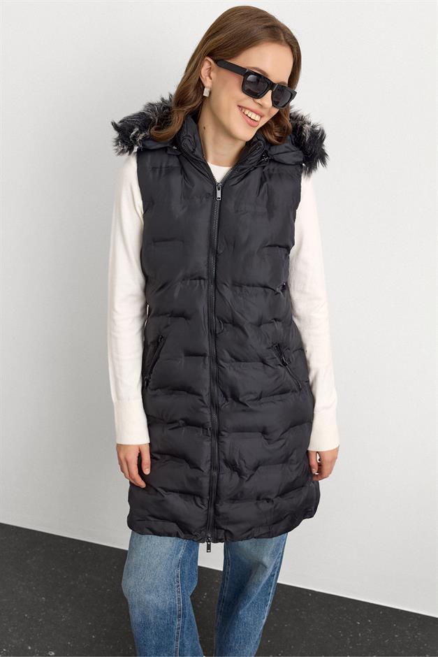 Patterned Puffer Vest with Removable Hood BLACK 8210