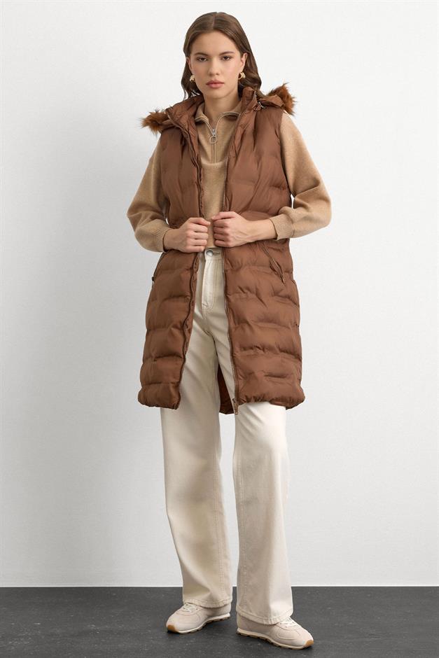 Patterned Puffer Vest with Removable Hood CAMEL 8210