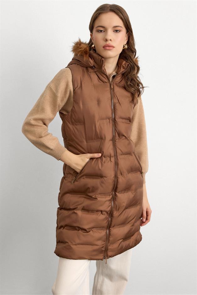 Patterned Puffer Vest with Removable Hood CAMEL 8210