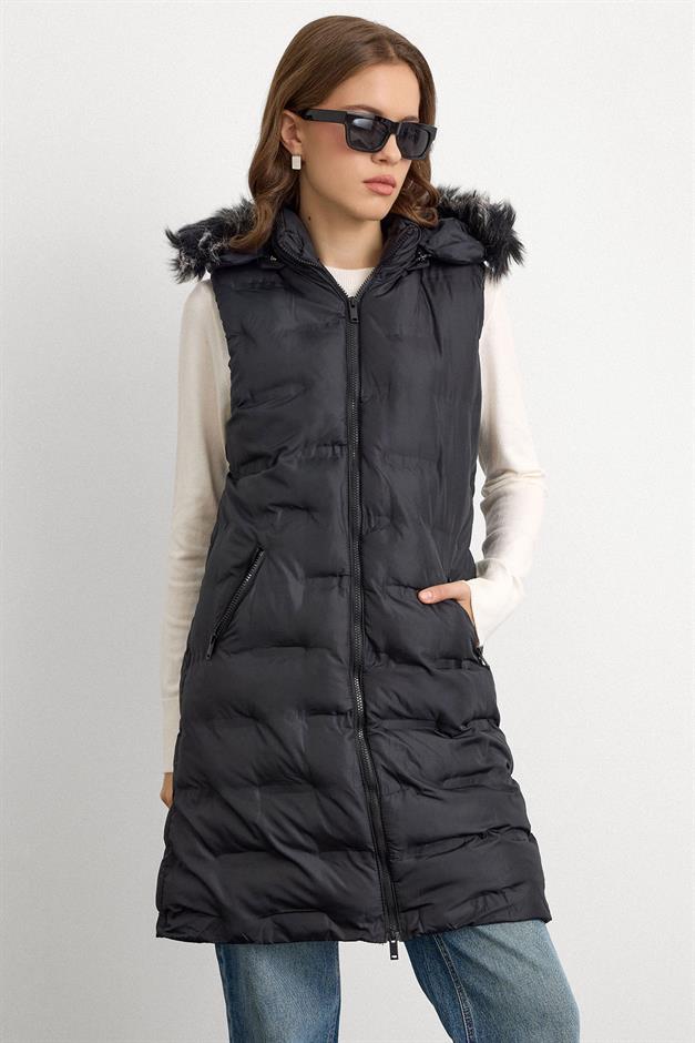 Patterned Puffer Vest with Removable Hood BLACK 8210