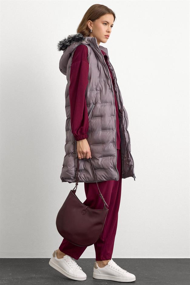 Patterned Puffer Vest with Removable Hood GREY 8210