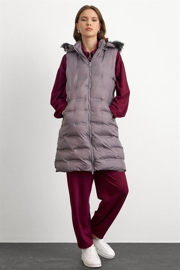 Patterned Puffer Vest with Removable Hood GREY 8210