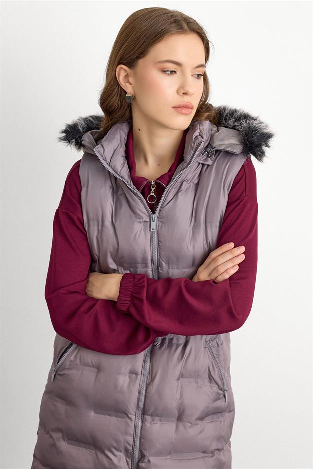 Patterned Puffer Vest with Removable Hood GREY 8210