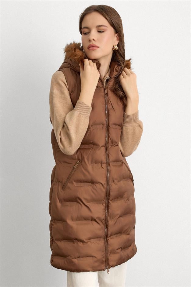 Patterned Puffer Vest with Removable Hood CAMEL 8210