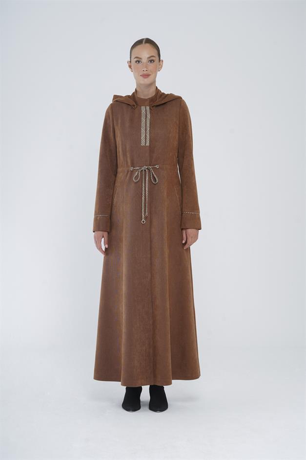 Çıkabilir Kapüşonlu Ekose Detaylı Süet Görünümlü Pardesü TABA 6403