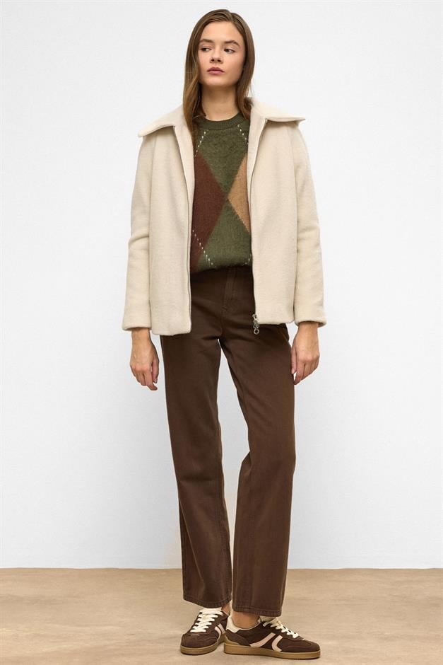 معطف كبير الحجم بغطاء رأس قابل للإزالة وتفاصيل سحاب يفعل 3128