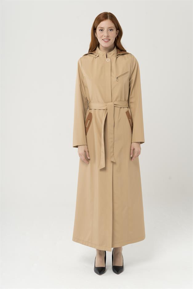 Çıkabilir Kapüşonlu Garni Detaylı Uzun Trençkot Pardesü KAMEL 4289