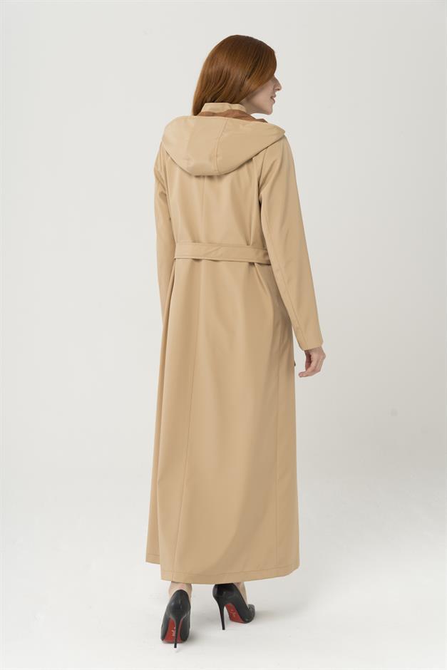 Çıkabilir Kapüşonlu Garni Detaylı Uzun Trençkot Pardesü KAMEL 4289