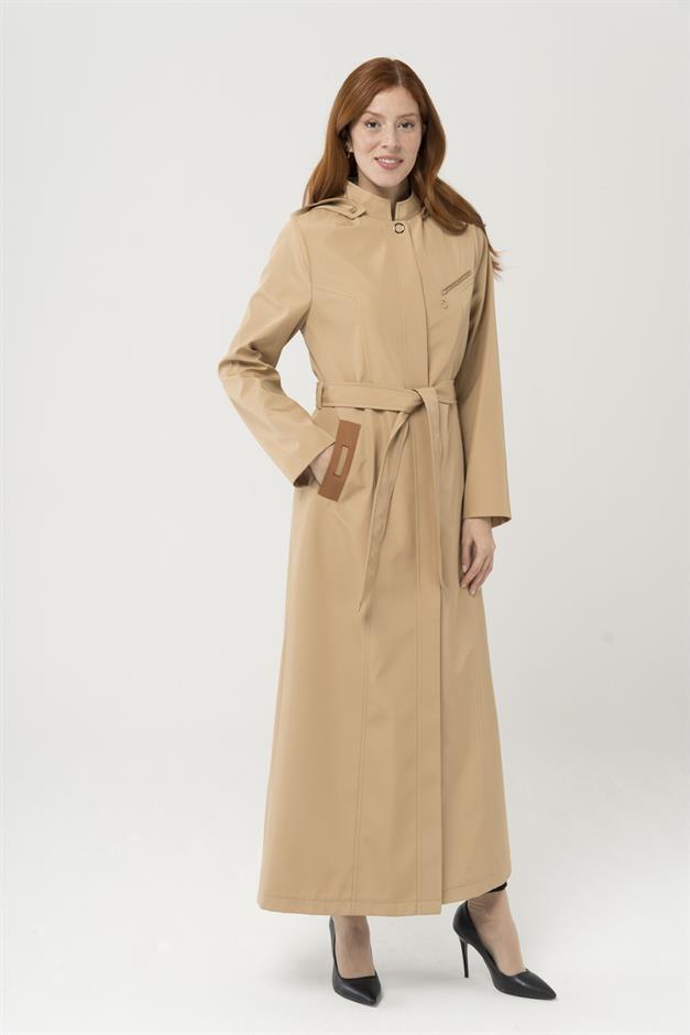 Çıkabilir Kapüşonlu Garni Detaylı Uzun Trençkot Pardesü KAMEL 4289