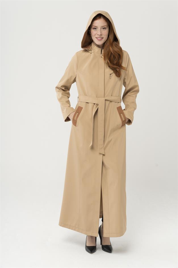 Çıkabilir Kapüşonlu Garni Detaylı Uzun Trençkot Pardesü KAMEL 4289