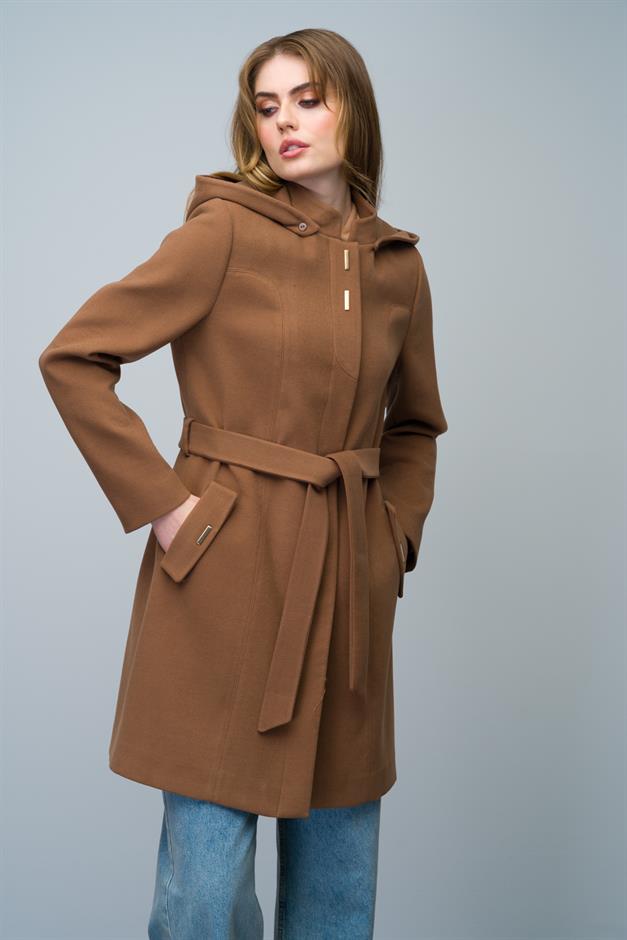 Detachable Hooded Coat with Metal Snap Accessories CAMEL 3021