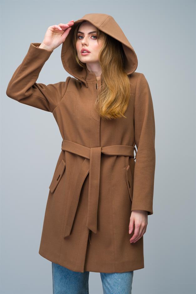 Detachable Hooded Coat with Metal Snap Accessories CAMEL 3021