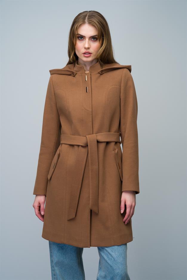 Detachable Hooded Coat with Metal Snap Accessories CAMEL 3021