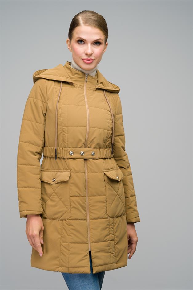 Removable Hooded Quilted Coat with Pocket CAMEL 6659