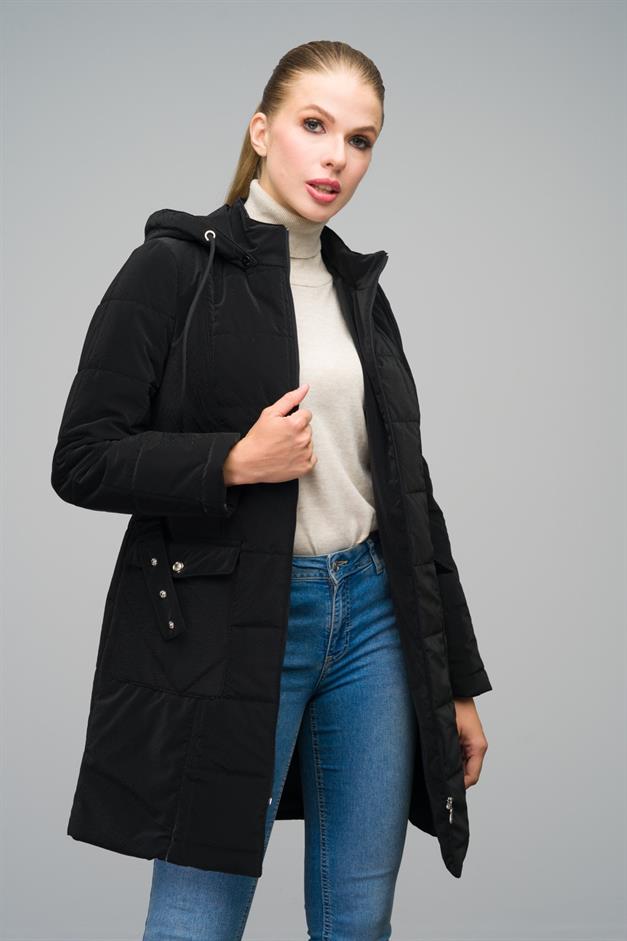Removable Hooded Quilted Coat with Pocket BLACK 6659