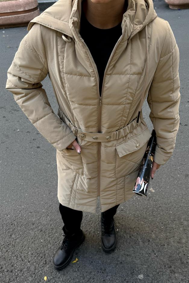 Removable Hooded Quilted Coat with Pocket IVORY 6659