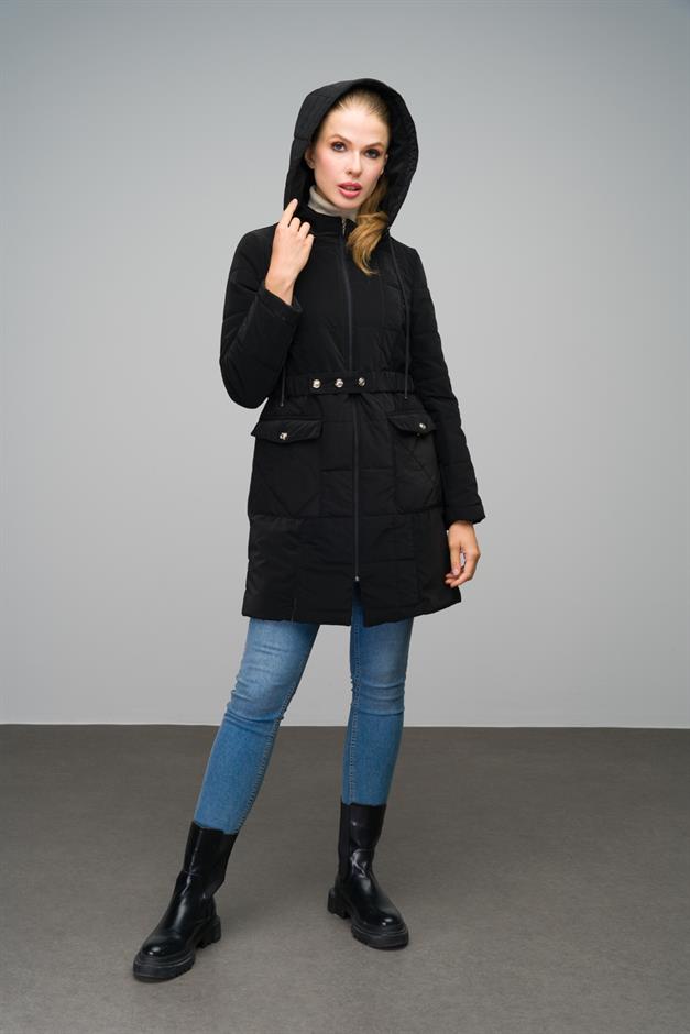 Removable Hooded Quilted Coat with Pocket BLACK 6659