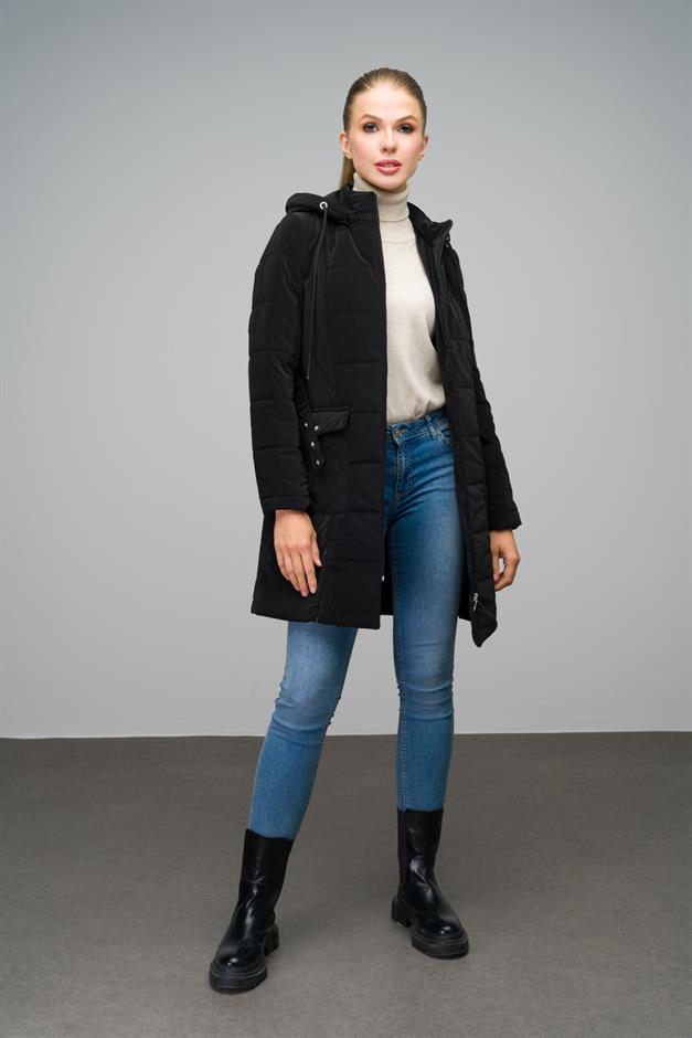 Removable Hooded Quilted Coat with Pocket BLACK 6659