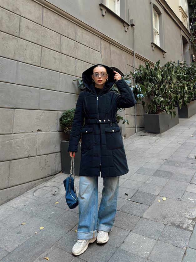 Removable Hooded Quilted Coat with Pocket NAVY 6659