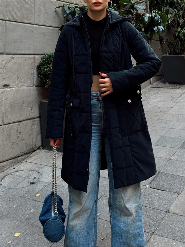 Removable Hooded Quilted Coat with Pocket NAVY 6659