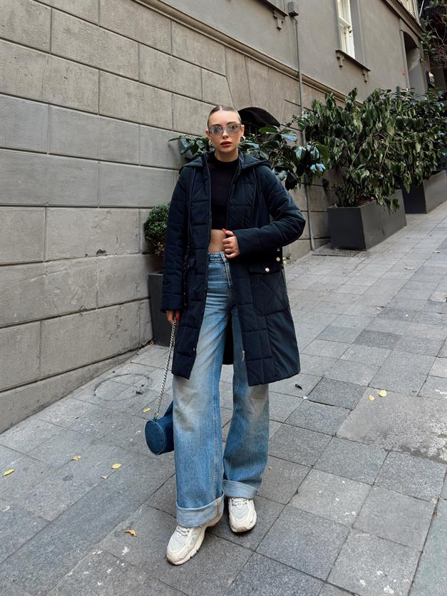 Removable Hooded Quilted Coat with Pocket NAVY 6659