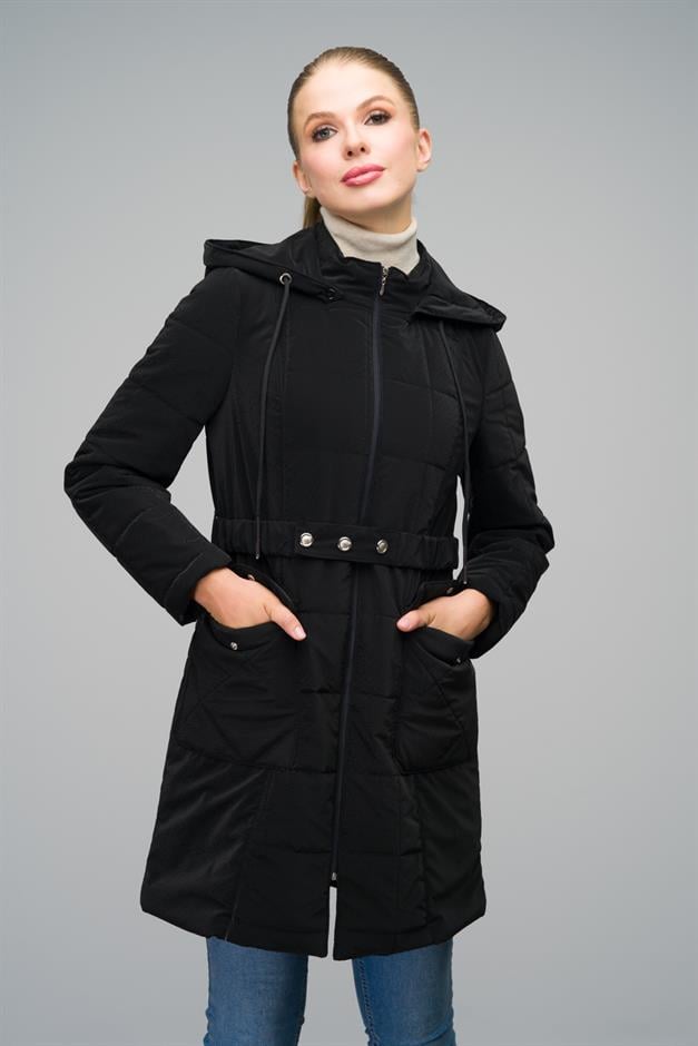 Removable Hooded Quilted Coat with Pocket BLACK 6659