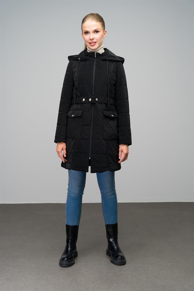Removable Hooded Quilted Coat with Pocket BLACK 6659