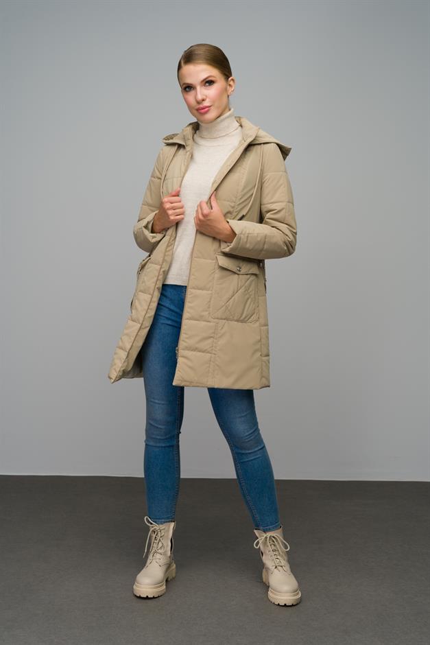 Removable Hooded Quilted Coat with Pocket IVORY 6659