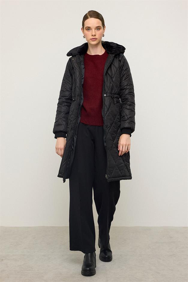 Removable Hooded Fur Collar Quilted Coat BLACK 6624