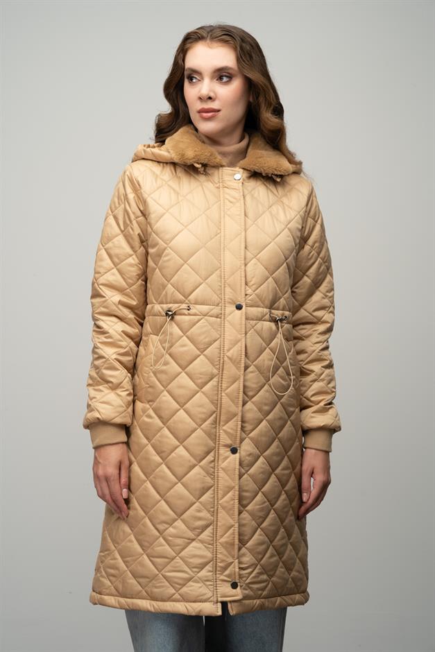 Removable Hooded Fur Collar Quilted Coat CAMEL 6624
