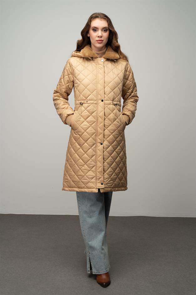 Removable Hooded Fur Collar Quilted Coat CAMEL 6624
