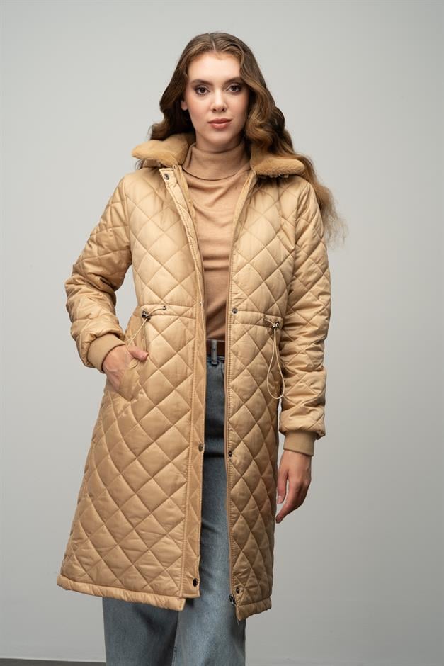 Removable Hooded Fur Collar Quilted Coat CAMEL 6624