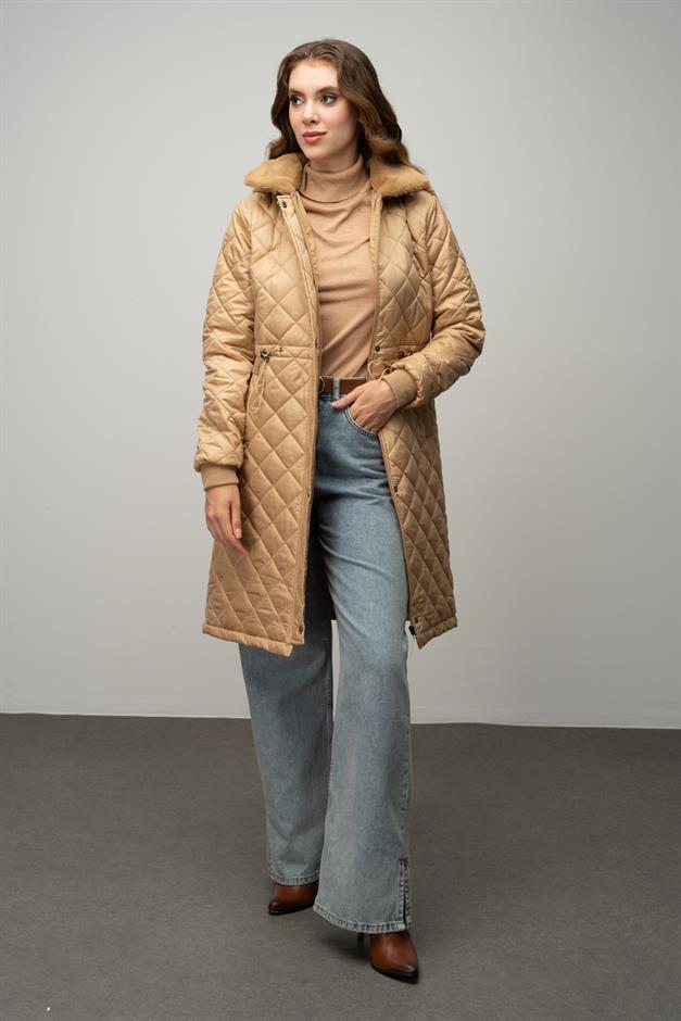 Removable Hooded Fur Collar Quilted Coat CAMEL 6624