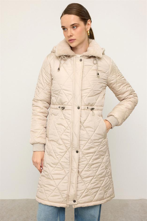 Removable Hooded Fur Collar Quilted Coat STONE 6624