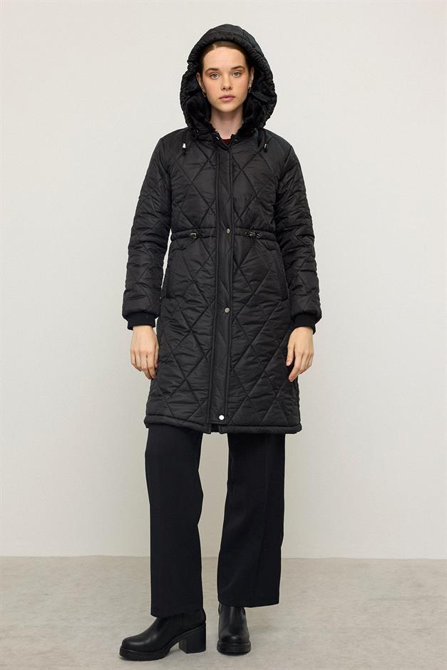 Removable Hooded Fur Collar Quilted Coat BLACK 6624