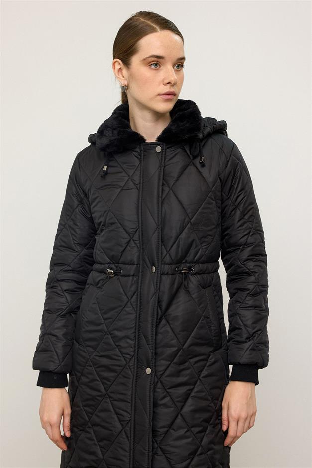 Removable Hooded Fur Collar Quilted Coat BLACK 6624