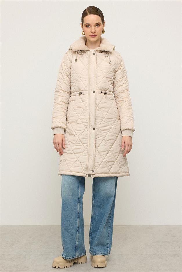 Removable Hooded Fur Collar Quilted Coat STONE 6624