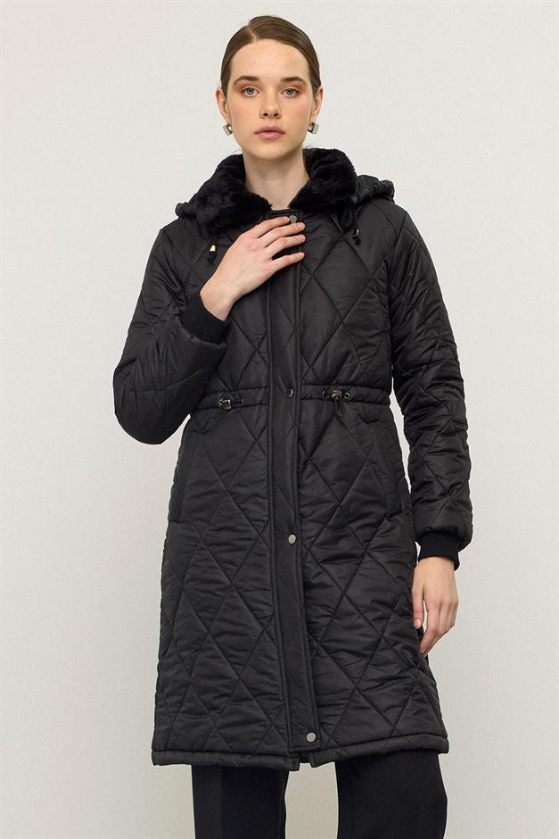Removable Hooded Fur Collar Quilted Coat BLACK 6624