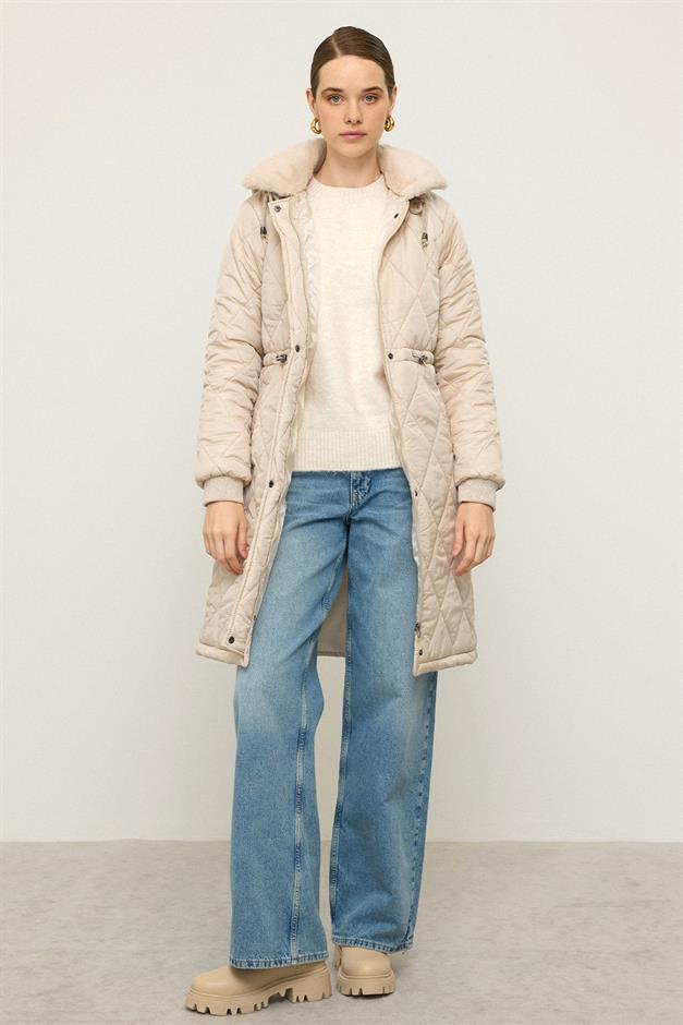 Removable Hooded Fur Collar Quilted Coat STONE 6624